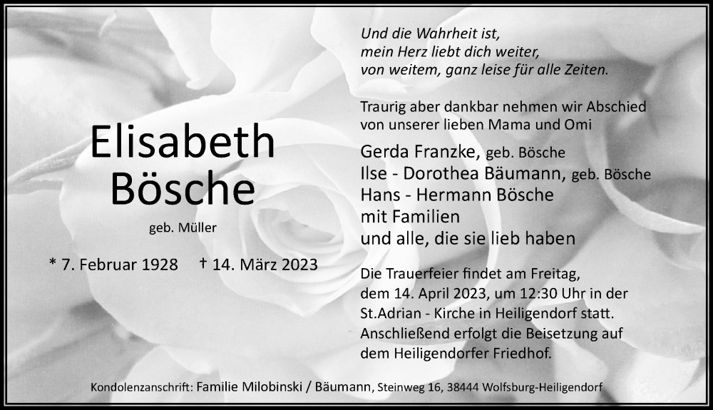  Traueranzeige für Elisabeth Bösche vom 18.03.2023 aus Aller Zeitung