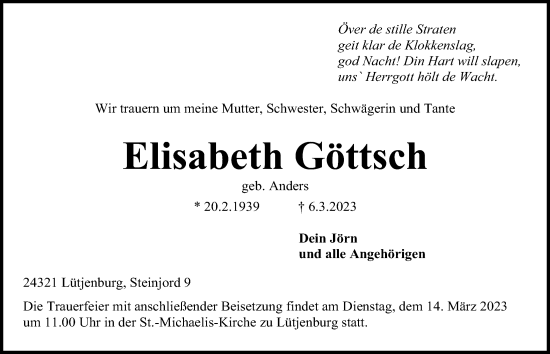 Traueranzeige von Elisabeth Göttsch von Kieler Nachrichten
