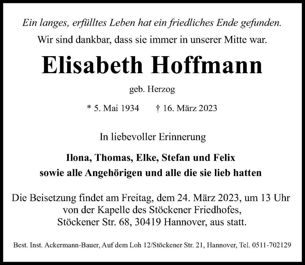  Traueranzeige für Elisabeth Hoffmann vom 18.03.2023 aus Hannoversche Allgemeine Zeitung/Neue Presse