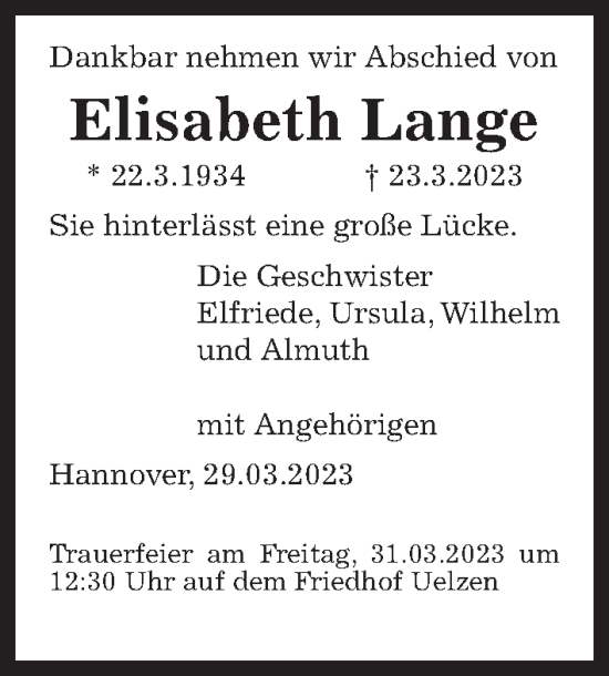 Traueranzeige von Elisabeth Lange von Hannoversche Allgemeine Zeitung/Neue Presse