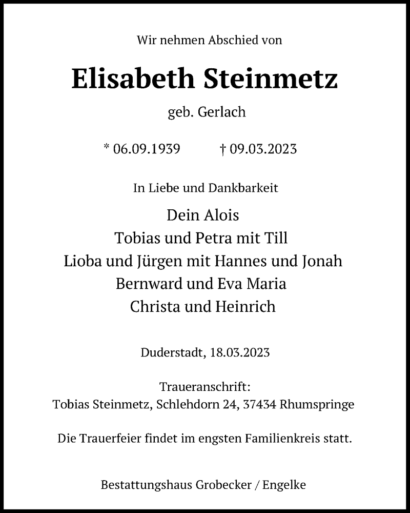  Traueranzeige für Elisabeth Steinmetz vom 18.03.2023 aus Eichsfelder Tageblatt
