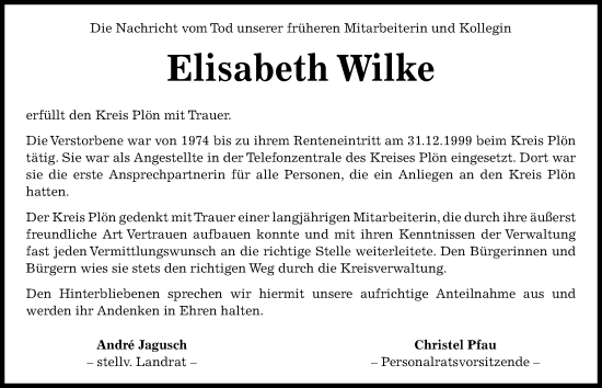 Traueranzeige von Elisabeth Wilke von Kieler Nachrichten