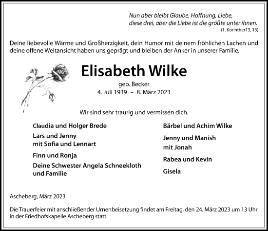 Traueranzeige von Elisabeth Wilke von Kieler Nachrichten