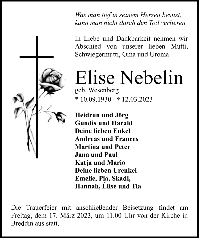  Traueranzeige für Elise Nebelin vom 15.03.2023 aus Märkischen Allgemeine Zeitung