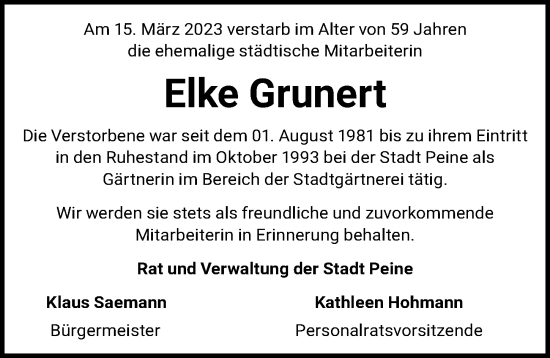 Traueranzeige von Elke Grunert von Peiner Allgemeine Zeitung