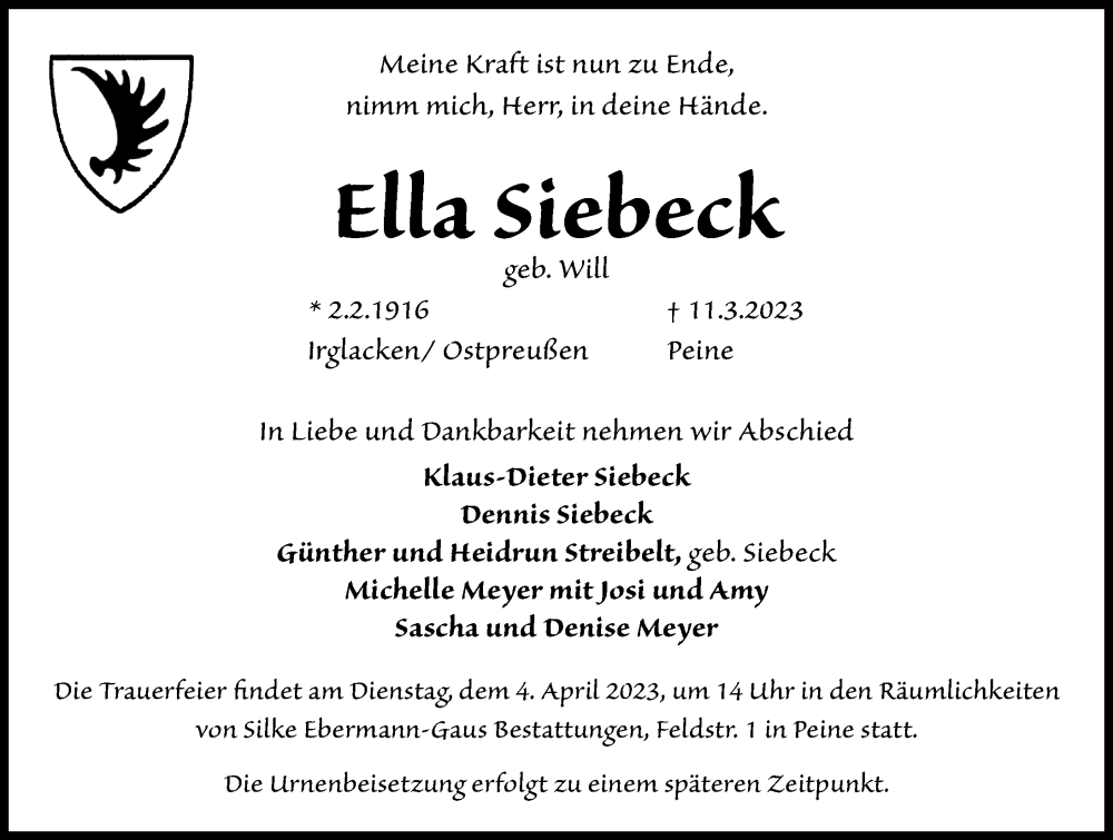  Traueranzeige für Ella Siebeck vom 18.03.2023 aus Peiner Allgemeine Zeitung