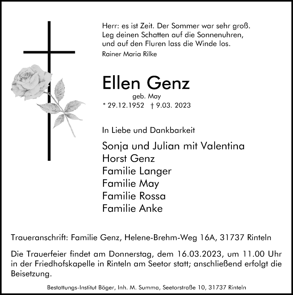  Traueranzeige für Ellen Genz vom 11.03.2023 aus Schaumburger Nachrichten