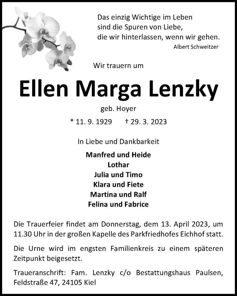  Traueranzeige für Ellen Marga Lenzky vom 01.04.2023 aus Kieler Nachrichten