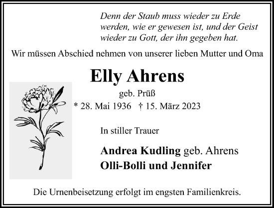 Traueranzeige von Elly Ahrens von Lübecker Nachrichten