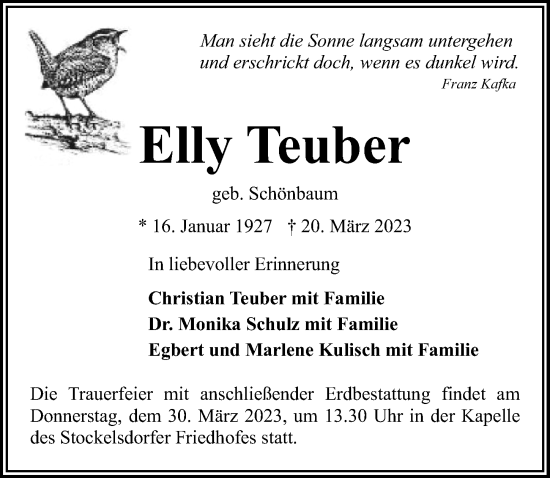 Traueranzeige von Elly Teuber von Lübecker Nachrichten