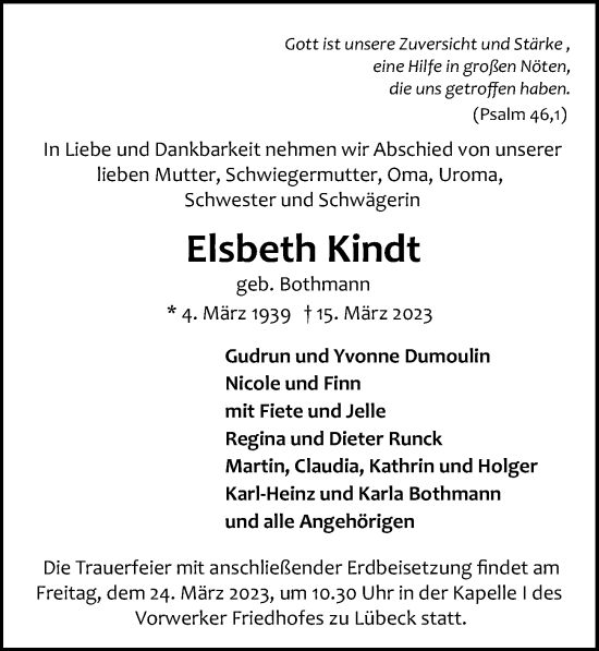 Traueranzeige von Elsbeth Kindt von Lübecker Nachrichten