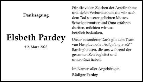 Traueranzeige von Elsbeth Pardey von Hannoversche Allgemeine Zeitung/Neue Presse