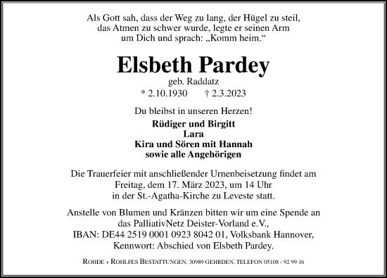 Traueranzeige von Elsbeth Pardey von Hannoversche Allgemeine Zeitung/Neue Presse