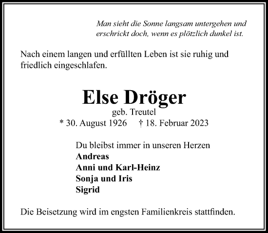 Traueranzeige von Else Dröger von Lübecker Nachrichten