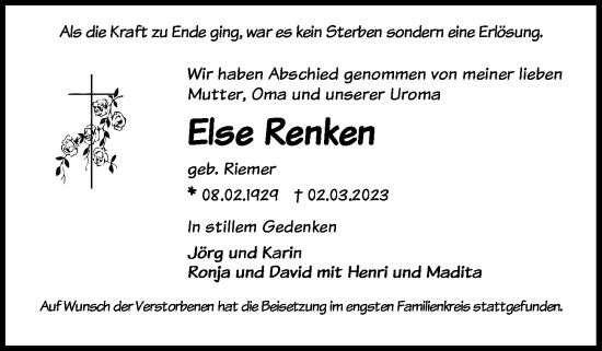 Traueranzeige von Else Renken von Kieler Nachrichten