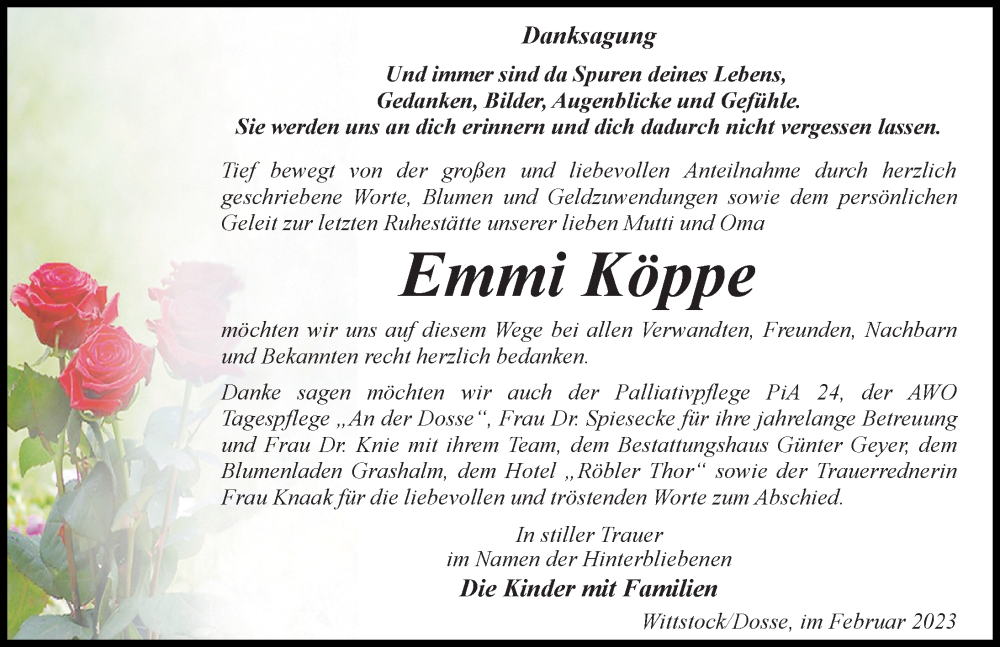  Traueranzeige für Emmi Köppe vom 04.03.2023 aus Märkischen Allgemeine Zeitung