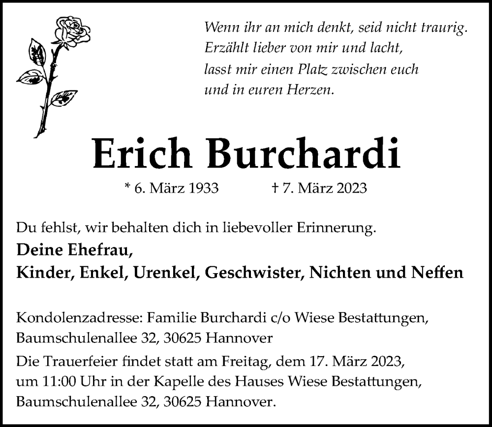  Traueranzeige für Erich Burchardi vom 11.03.2023 aus Hannoversche Allgemeine Zeitung/Neue Presse