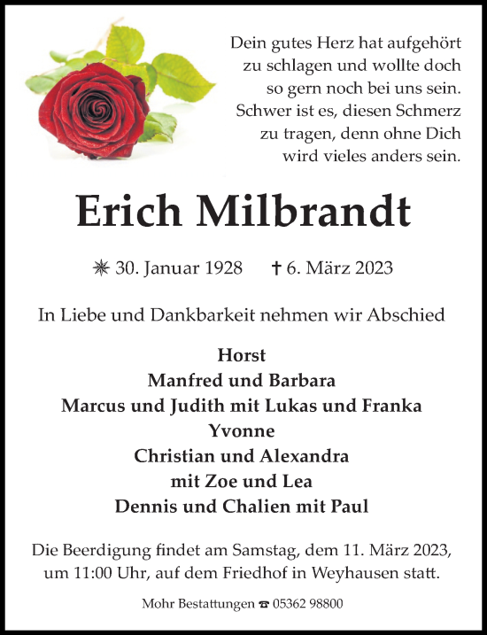 Traueranzeige von Erich Milbrandt von Aller Zeitung