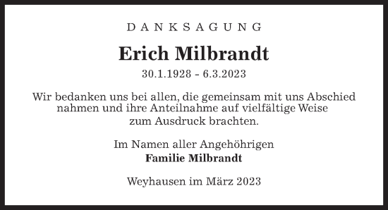 Traueranzeige von Erich Milbrandt von Aller Zeitung