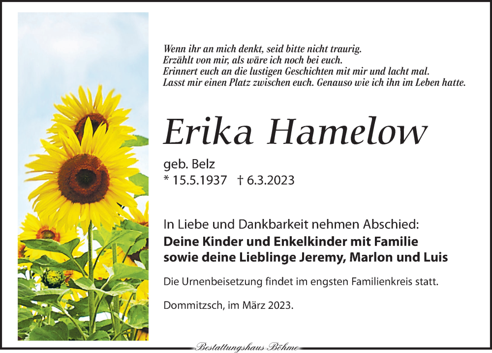  Traueranzeige für Erika Hamelow vom 18.03.2023 aus Torgauer Zeitung