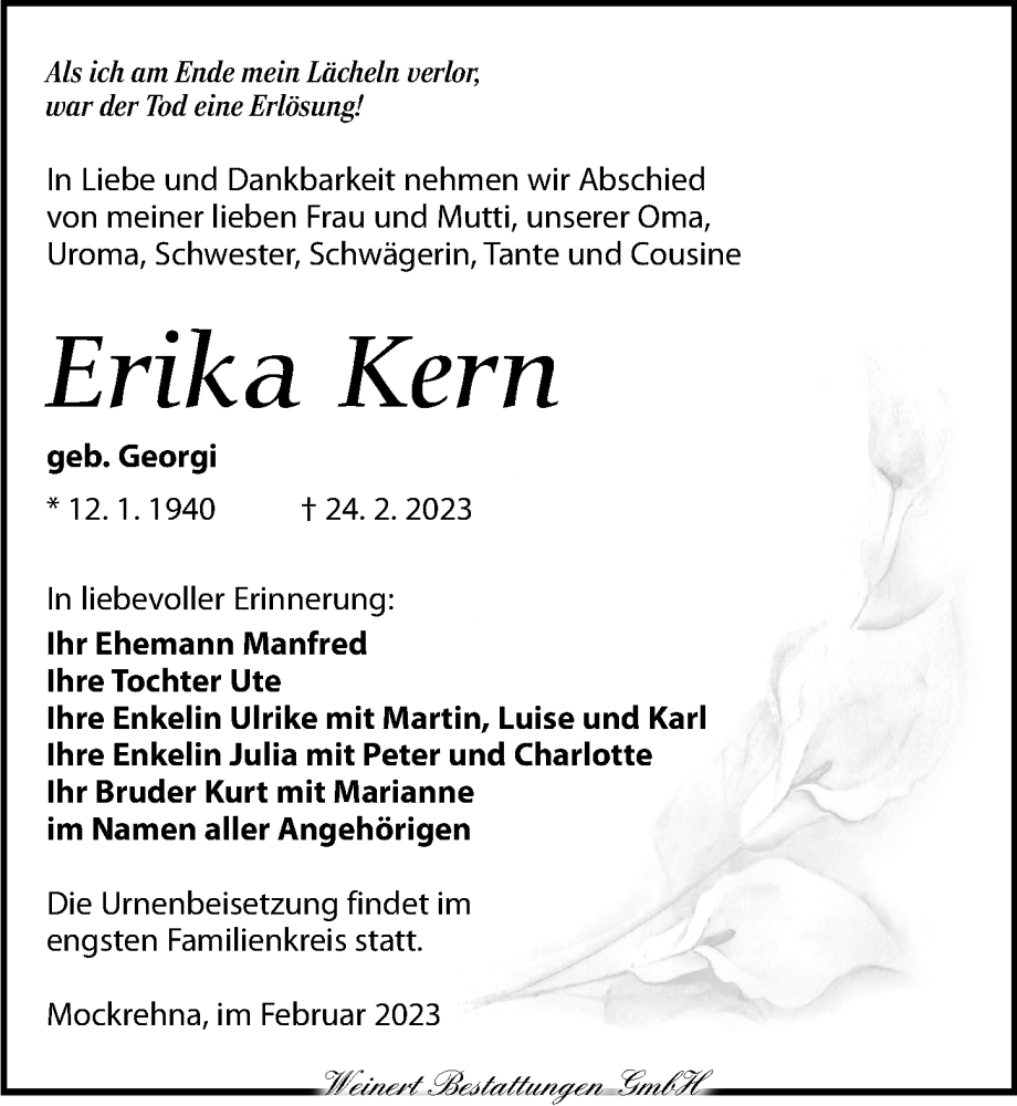  Traueranzeige für Erika Kern vom 04.03.2023 aus Torgauer Zeitung