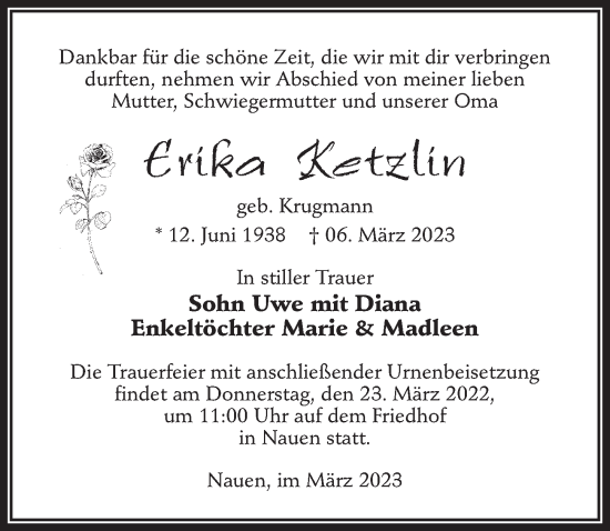 Traueranzeige von Erika Ketzlin von Märkischen Allgemeine Zeitung
