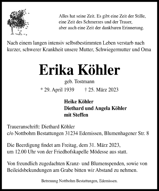 Traueranzeige von Erika Köhler von Peiner Allgemeine Zeitung