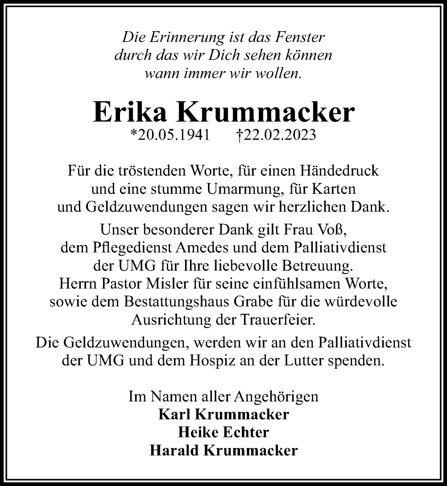  Traueranzeige für Erika Krummacker vom 18.03.2023 aus Göttinger Tageblatt