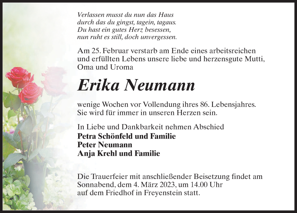  Traueranzeige für Erika Neumann vom 01.03.2023 aus Märkischen Allgemeine Zeitung