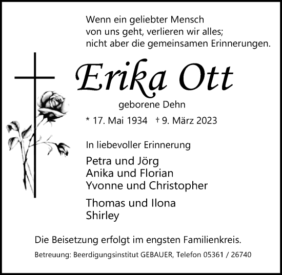Traueranzeige von Erika Ott von Aller Zeitung