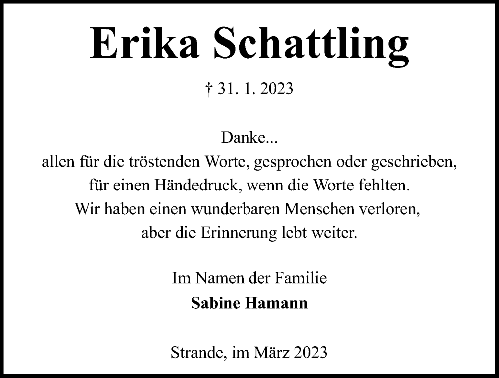  Traueranzeige für Erika Schattling vom 04.03.2023 aus Kieler Nachrichten