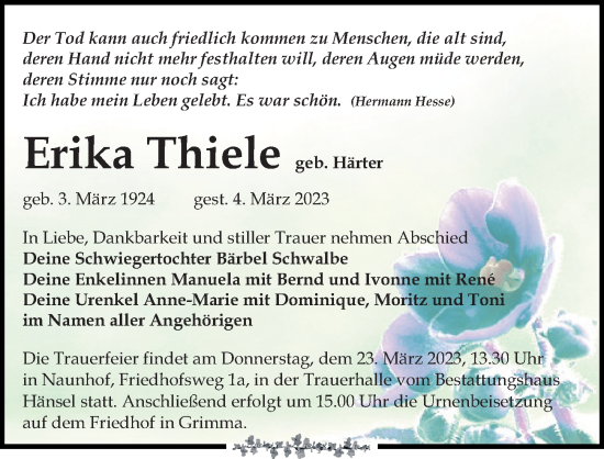 Traueranzeige von Erika Thiele von Leipziger Volkszeitung