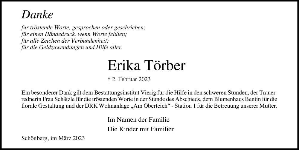  Traueranzeige für Erika Törber vom 09.03.2023 aus Ostsee-Zeitung GmbH
