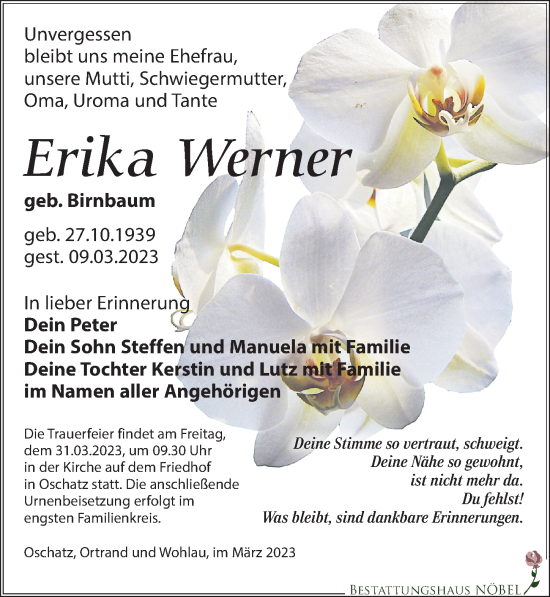 Traueranzeige von Erika Werner von Leipziger Volkszeitung