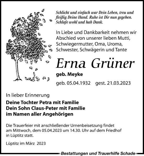 Traueranzeige von Erna Grüner von Leipziger Volkszeitung