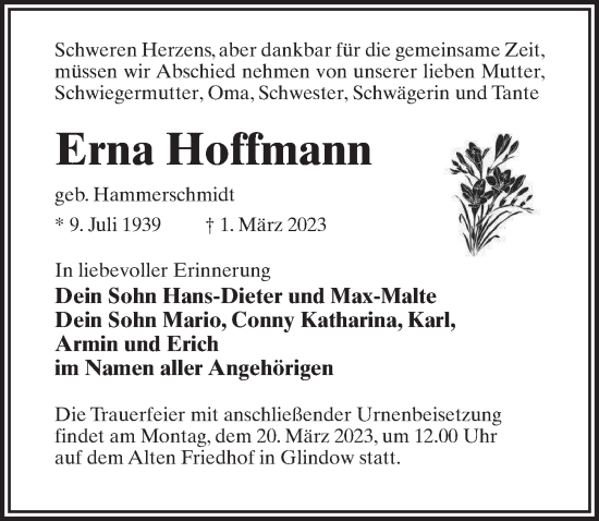 Traueranzeige von Erna Hoffmann von Märkischen Allgemeine Zeitung