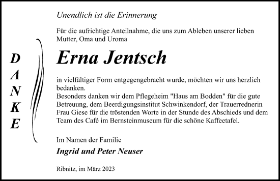 Traueranzeige von Erna Jentsch von Ostsee-Zeitung GmbH