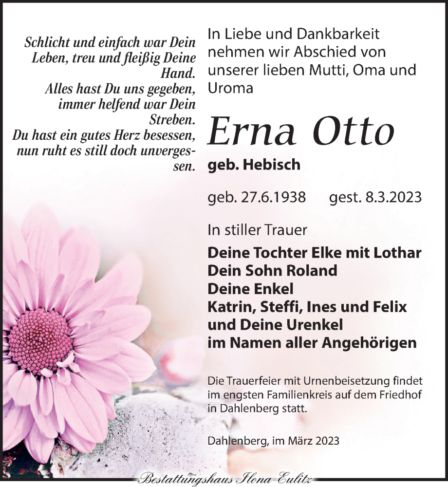  Traueranzeige für Erna Otto vom 18.03.2023 aus Torgauer Zeitung