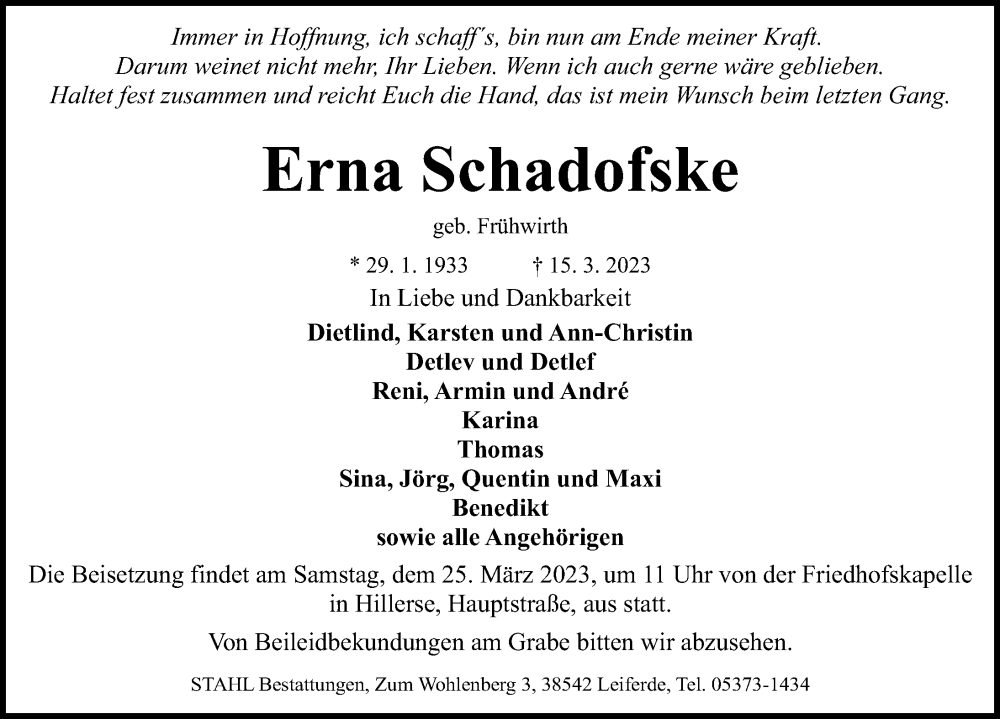  Traueranzeige für Erna Schadofske vom 18.03.2023 aus Aller Zeitung