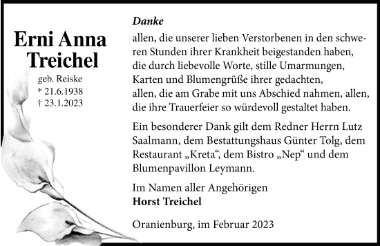 Traueranzeige von Erni Anna Treichel von Märkischen Allgemeine Zeitung