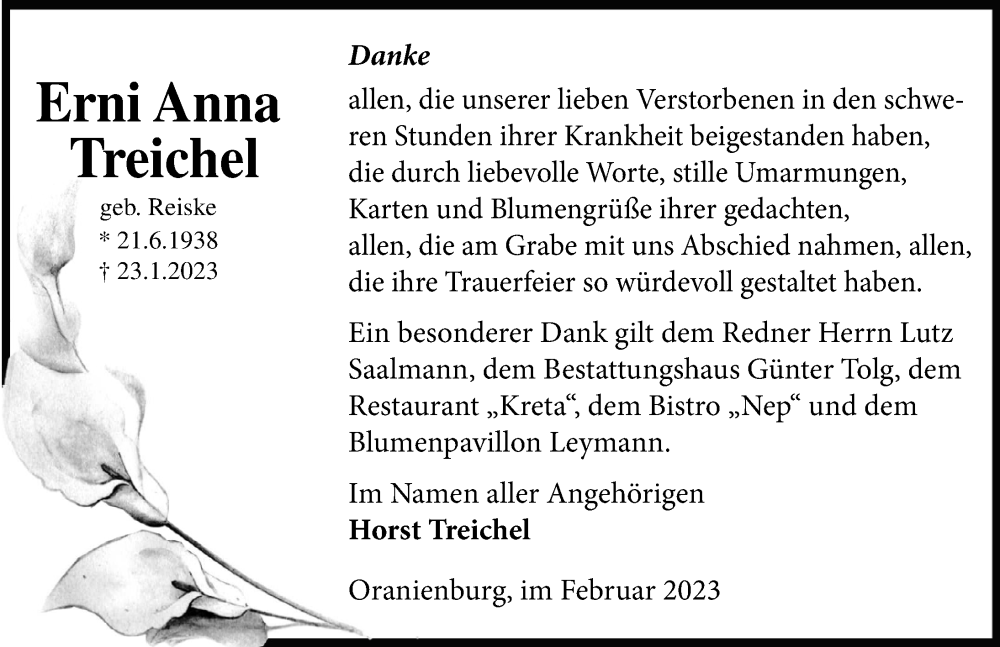  Traueranzeige für Erni Anna Treichel vom 04.03.2023 aus Märkischen Allgemeine Zeitung