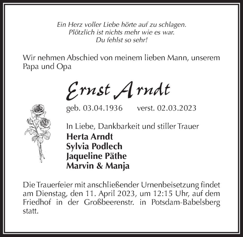  Traueranzeige für Ernst Arndt vom 25.03.2023 aus Märkischen Allgemeine Zeitung