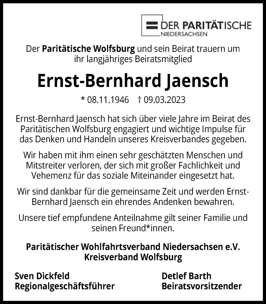  Traueranzeige für Ernst-Bernhard Jaensch vom 18.03.2023 aus Aller Zeitung