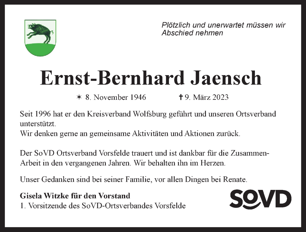  Traueranzeige für Ernst-Bernhard Jaensch vom 18.03.2023 aus Aller Zeitung