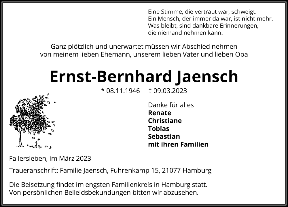  Traueranzeige für Ernst-Bernhard Jaensch vom 11.03.2023 aus Aller Zeitung