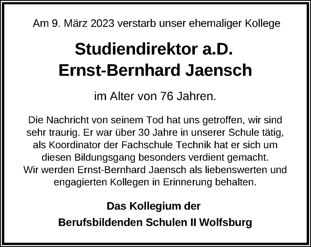  Traueranzeige für Ernst-Bernhard Jaensch vom 15.03.2023 aus Aller Zeitung