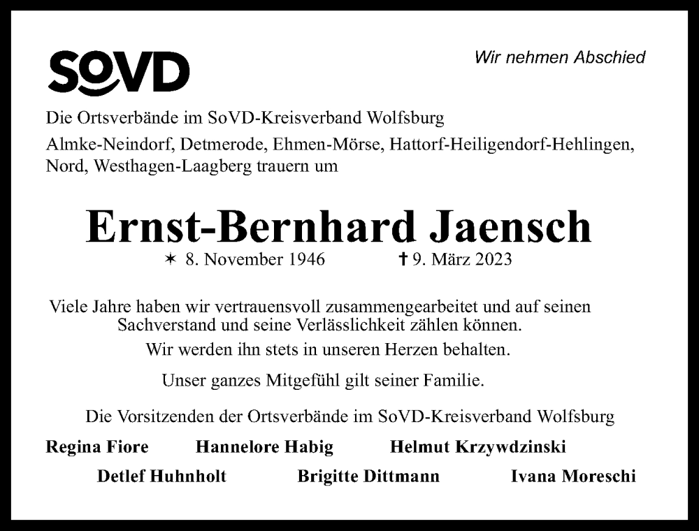  Traueranzeige für Ernst-Bernhard Jaensch vom 18.03.2023 aus Aller Zeitung