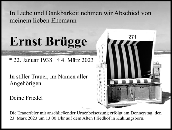 Traueranzeige von Ernst Brügge von Ostsee-Zeitung GmbH