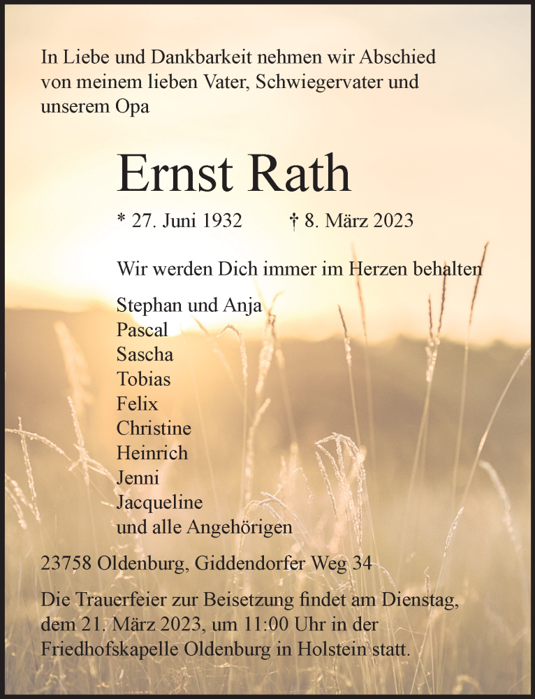  Traueranzeige für Ernst Rath vom 15.03.2023 aus Lübecker Nachrichten