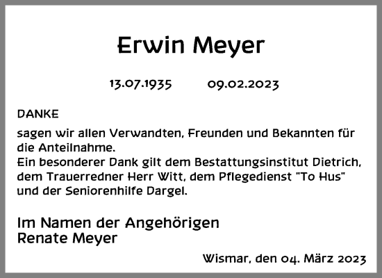 Traueranzeige von Erwin Meyer von Ostsee-Zeitung GmbH